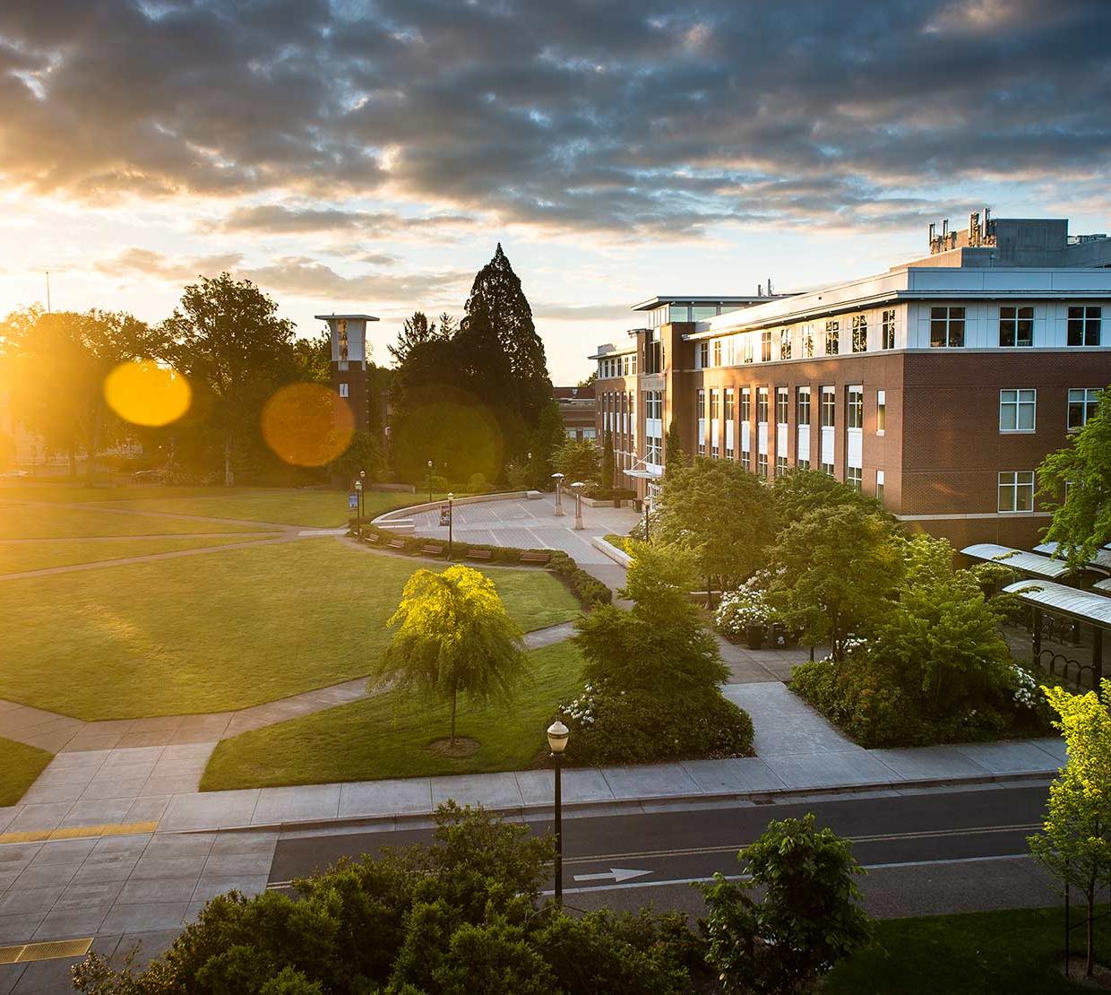 An aerial shot of the Valley Library during sunset.