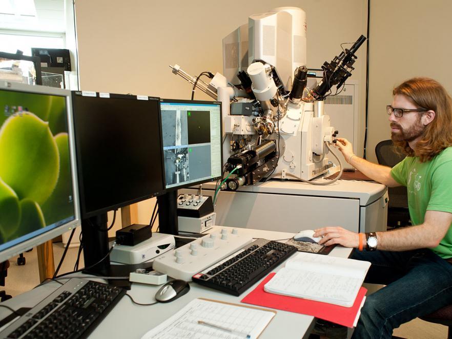 A student working on a computer in the Electron Microscopy Facility.